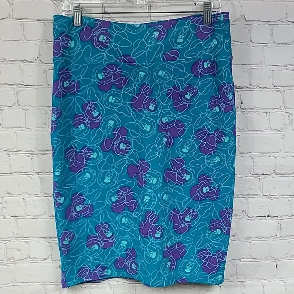 LuLaRoe Disney Minnie Mouse Cassie Pencil Skirt Teal Purple Stretch L Pull On